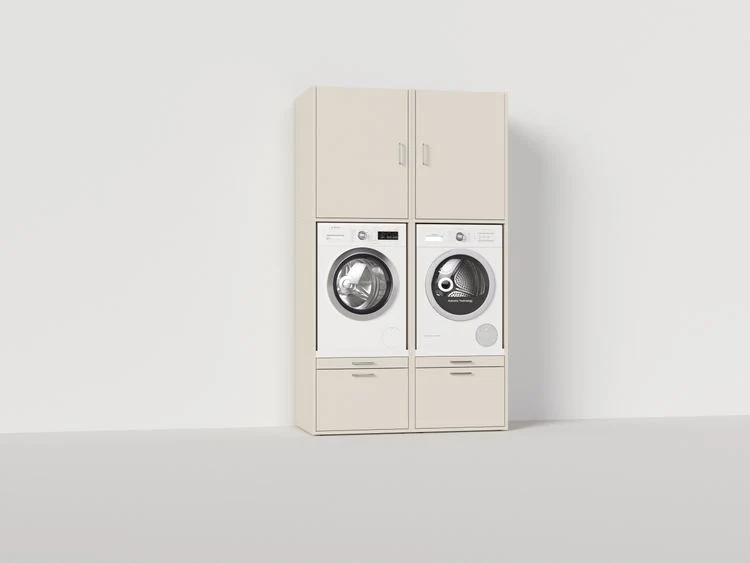 Wastoren kastenwandset droger naast wasmachine+lades beige 65x133x233cm