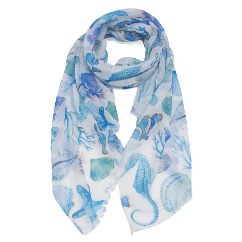 Blauwe Dames Sjaal met Schelpenprint