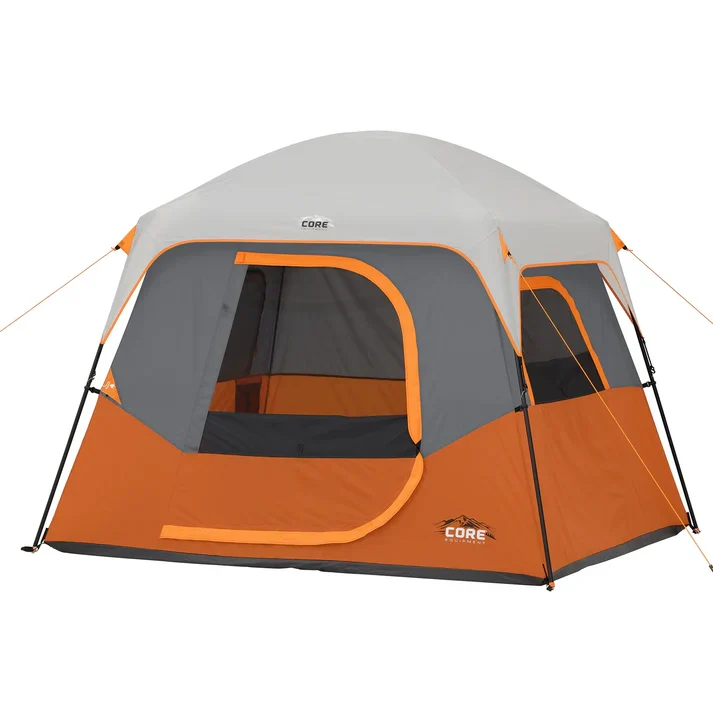 CORE Equipment 4-Person Straight Wall Cabin Tent (8' x 7') – Grey & Orange Easy Setup Camping Tent