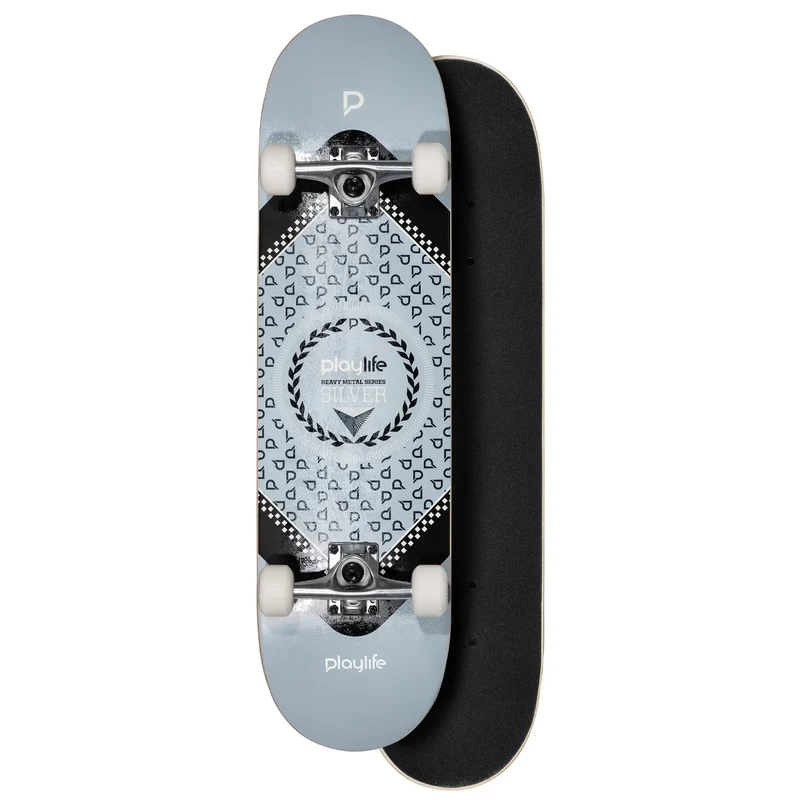 Playlife Heavy Metal Silver Skateboard – Durable Pro Deck for Street & Park Riding