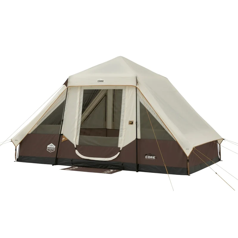 CORE EQUIPMENT 6-Person Lighted Instant Pyramid Tent (12' x 7') – Mocha Latte | Easy Setup Family Camping Tent