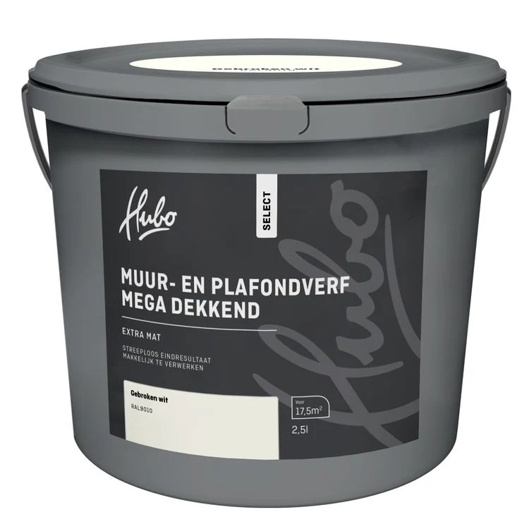 Hubo muur- en plafondverf extra mat RAL9010 gebroken wit 2,5L