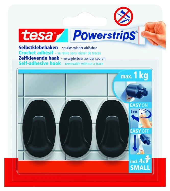 Tesa Powerstrips zelfklevende haak ovaal kunststof zwart 3st