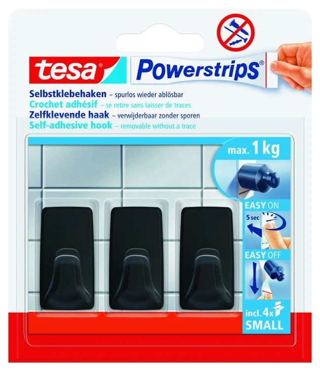 Tesa Powerstrips zelfklevende haak rechthoek kunststof zwart 3st