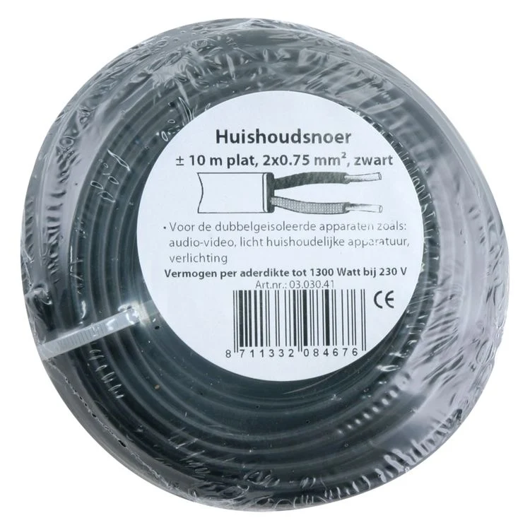 Huishoudsnoer plat 0,75 qm zwart 10m